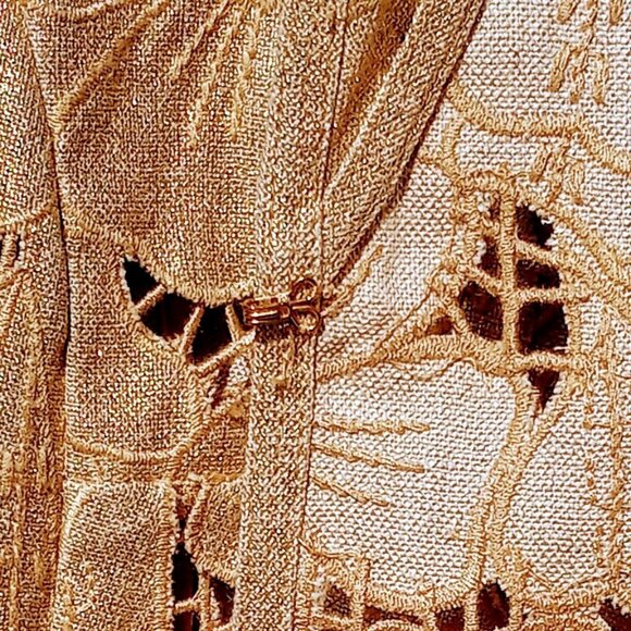 Carlisle Women's Collar Blazer Size 10 Gold Floral Lace Linen Blend 3/4 Sleeves - Picture 10 of 11